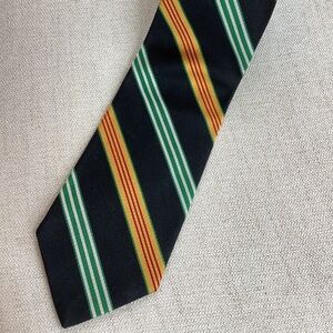 Ben Silver 55.5” Pure English Silk black gold green red striped neck tie. Preppy